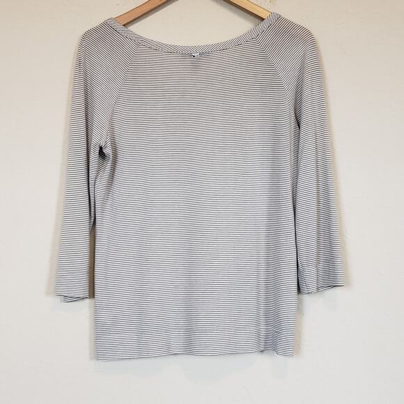 St. John Gray White Mini Striped 3/4 Sleeves Top Women's Medium - Picture 2 of 9